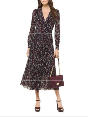 MICHAEL Michael Kors Floral Georgette Wrap Midi Dress Ruffle Hem Size S